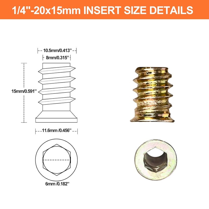 CARLWIN Premium Threaded Inserts for Wood, 60 Pieces 1/4""-20 Wood Inserts, Steel Threaded Inserts for Furniture (1/4""-20 x 15mm) - Image 2